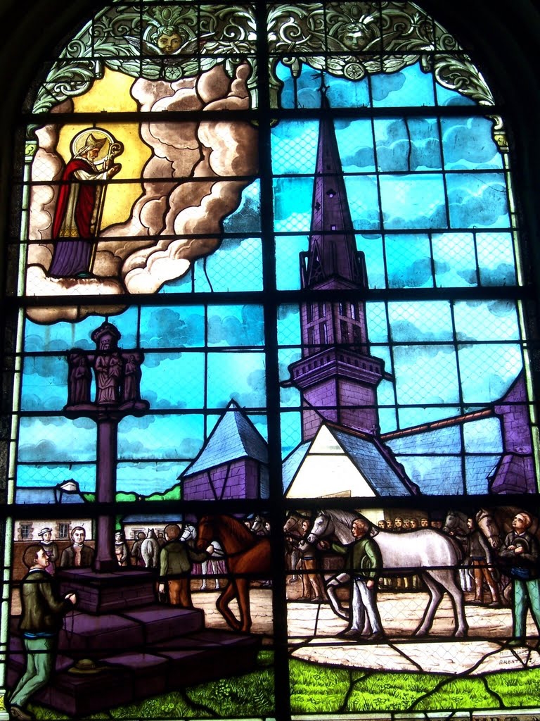 Le vitrail du pardon des chevaux, église de Saint Eloy